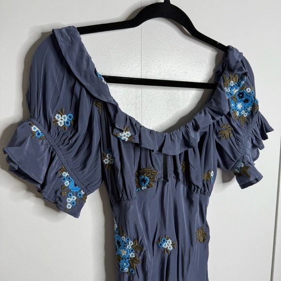 Free People Bali Santa Cruz Ruffle Floral Embroidery Blue Maxi Dress Medium NWT - Picture 5 of 9